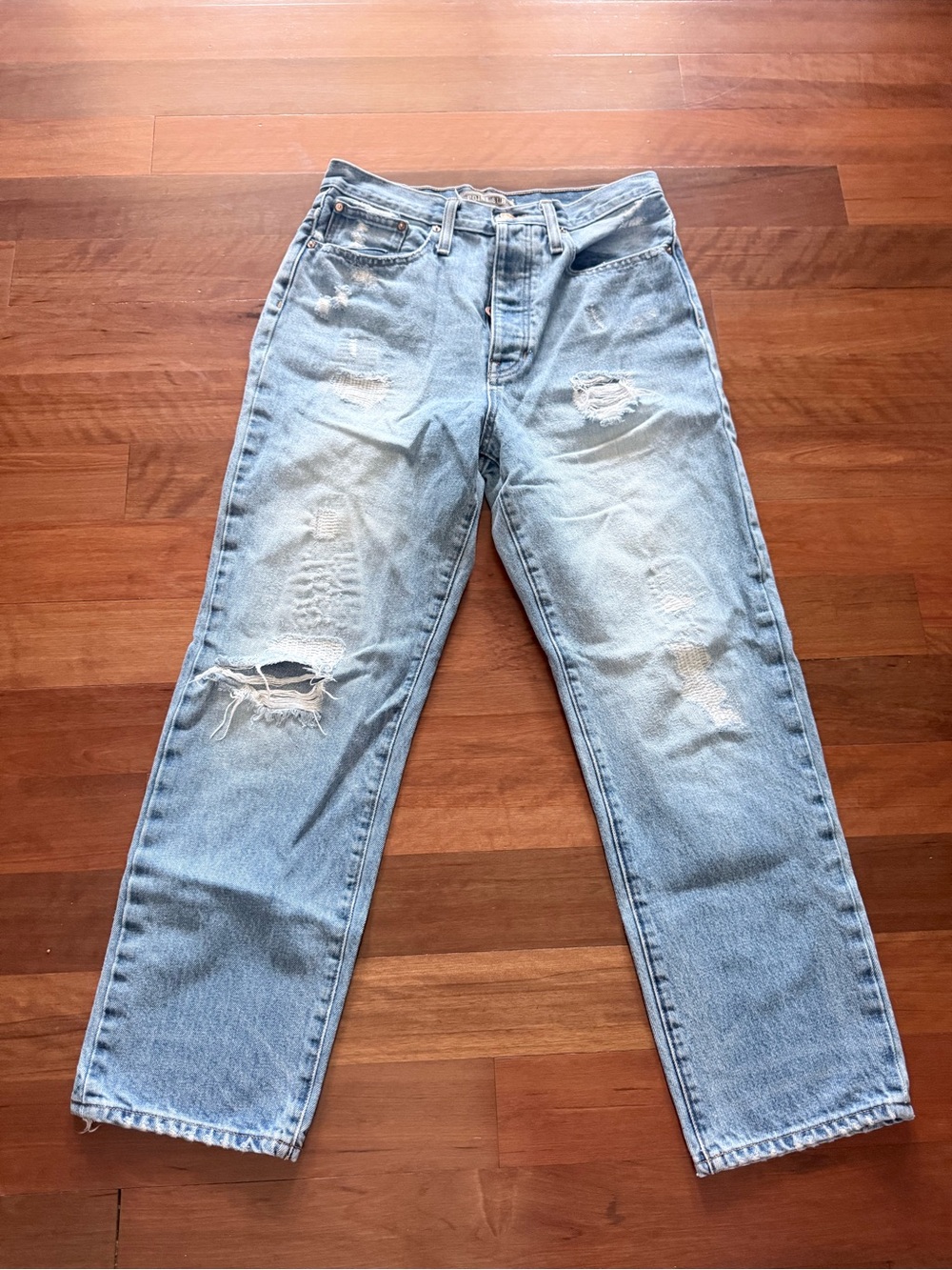 Straight Leg Women's Distressed Jeans in Light Blue